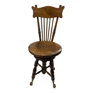 1940s Vintage Oak Piano Swivel Seat Stool & Glass Claw Feet For Sale