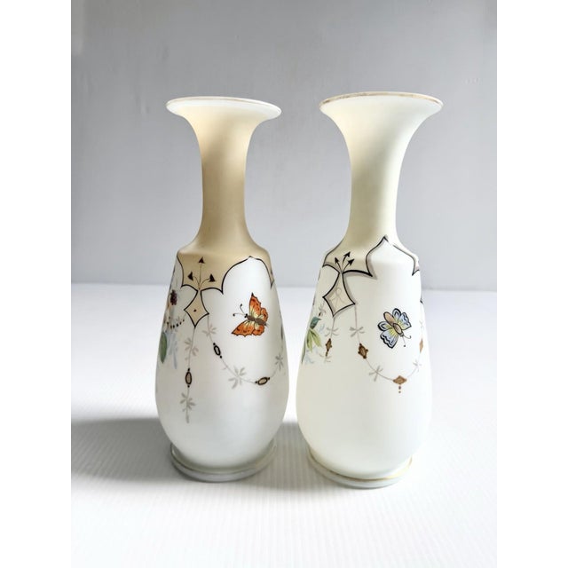 Victorian Matching Pair of Antique Bristol Glass Vases With Hand Painted Flowers & Butterflies For Sale - Image 3 of 17