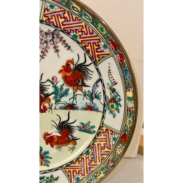 Vintage Chinese Hand Painted Gold Gilded Porcelain Plates W/ Roosters - A Pair For Sale - Image 9 of 15