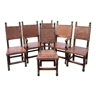 Spanish Revival Studded Leather Dining Chairs - Set of 6 For Sale