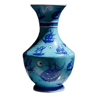 Handmade Ceramic Vase (30cm) – Ottoman Galleon Ships & Evil Eye Pattern – Nautical Iznik Art For Sale