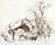 Ink and wash drawing of beagles and a terrier leading the hunter to the quarry. Unsigned. Displayed in a black and brown...