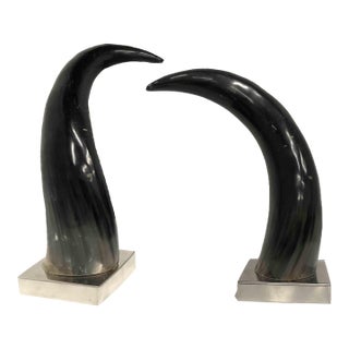 Contemporary Mounted Horns on Silver Chrome Bases - A Pair For Sale