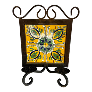 Vintage Mexican Wrought Iron Candle Holder W Colima Talavera Tile - Lou Costello