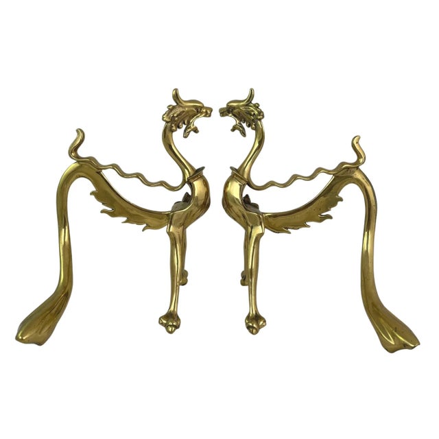 Asian Mid-Century Brass Dragon Andirons - a Pair For Sale - Image 3 of 6