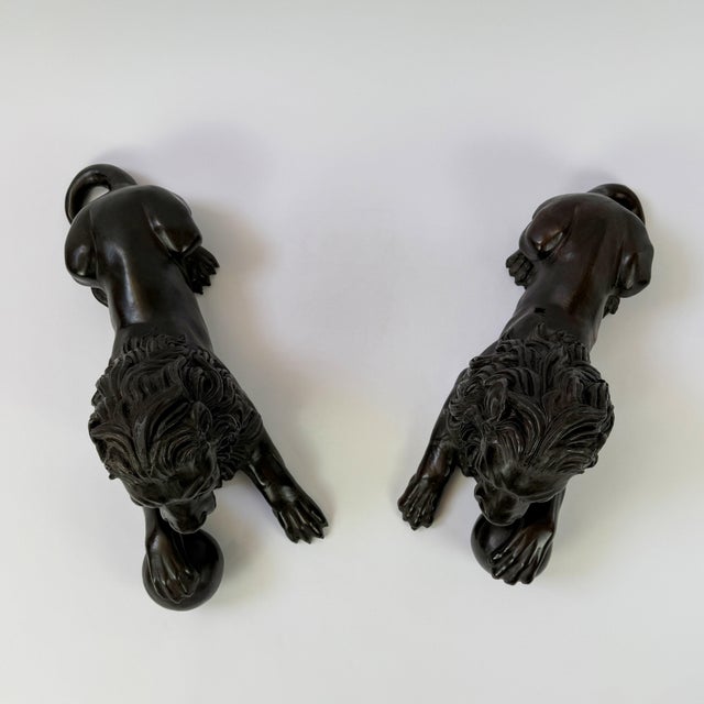 Late 20th Century Pair of Bronze Lion Sculptures With Ball, Classical Guardian Lions - 21 in L For Sale In Dallas - Image 6 of 10