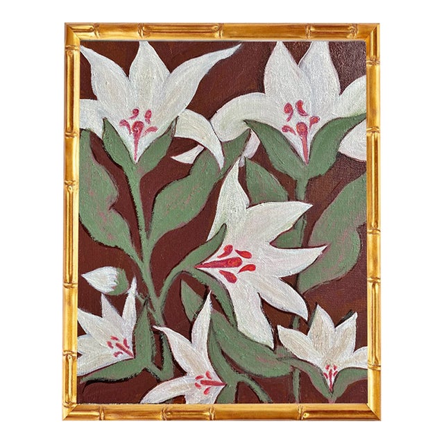 Original Framed Acrylic Lily Painting in Gold Bamboo Frame, Botanical Floral Wall Art, 13" X 16" For Sale