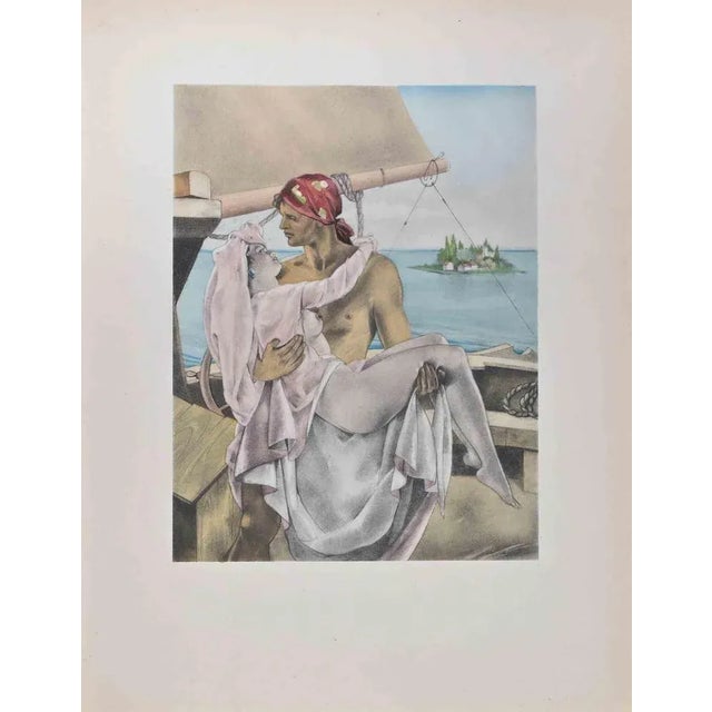 The pirate in love is a color lithograph on ivory paper, created by the Italian artist Umberto Brunelleschi (Montemurlo...