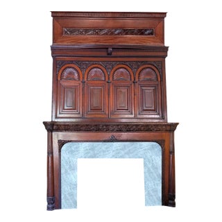 Majestic 11 Feet Vintage 19th Century 3 Tiers (Pieces) Carved Wood With 3 Pieces of Marble Fireplace For Sale