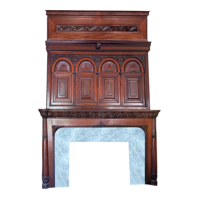 Majestic 11 Feet Vintage 19th Century 3 Tiers (Pieces) Carved Wood With 3 Pieces of Marble Fireplace For Sale