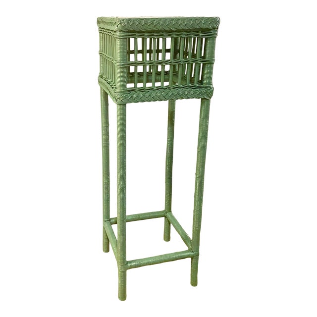 Antique Green Woven Wicker Extra Extra Tall Plant Stand or Table in the