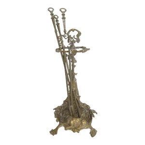 Late 19th-C French Brass Hunting Themed Fireplace Tool Set - 4 Pcs.