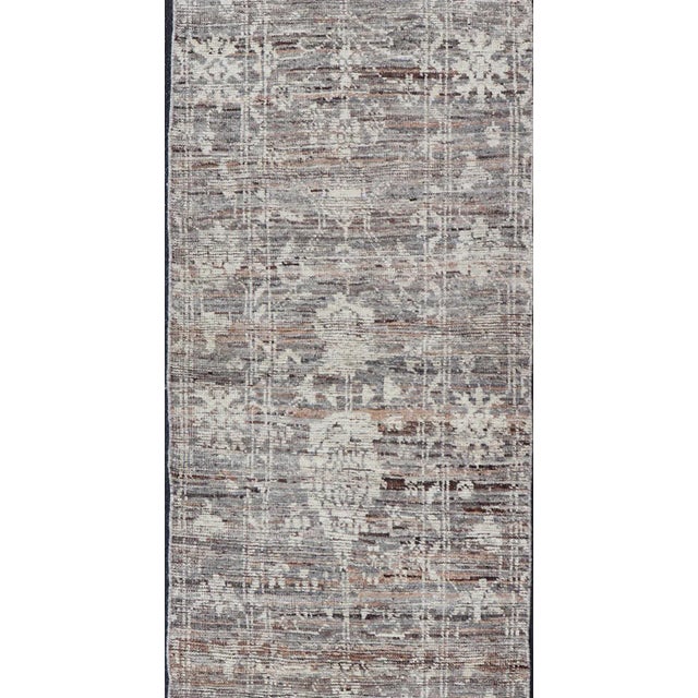 Modern Oushak Runner in Wool with Floral Design in Shades of Gray, Brown, Cream. Keivan Woven Arts; rug AFG-64917, country...