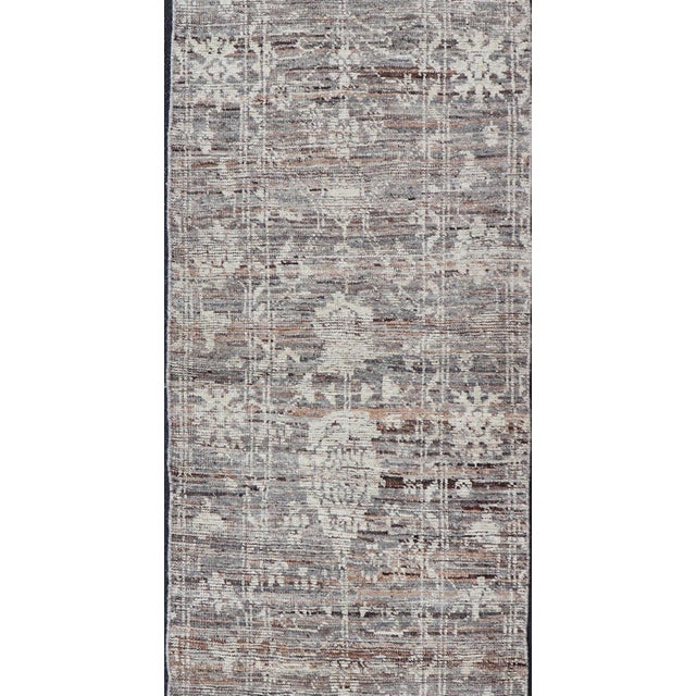 Modern Oushak Runner in Wool with Floral Design in Shades of Gray, Brown, Cream. Keivan Woven Arts; rug AFG-64917, country...