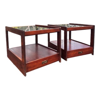 Mid Century Modern Side Tables With Smoked Inset Glass | in the Style of John Keal for Saltman Brown For Sale