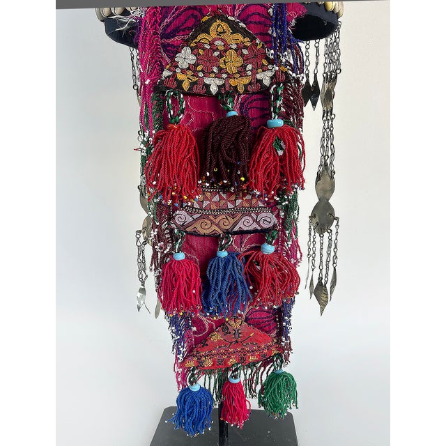Metal Vintage Turkman Bridal Ceremonial Headdress, Heavily Adorned on Stand For Sale - Image 7 of 11