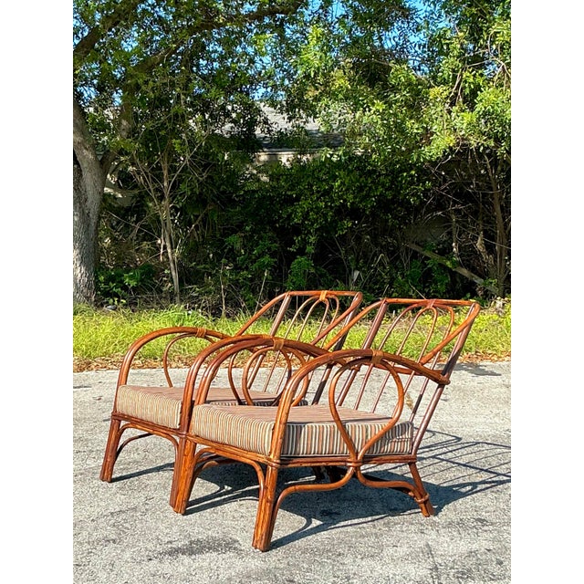Wood Vintage Coastal Bent Loop Rattan Lounge Chairs - a Pair For Sale - Image 7 of 8