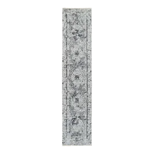 2010s Silver Gray, Hand Knotted, Erased Persian Design, Wool and Silk, Runner Oriental Rug
