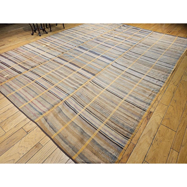 Farmhouse 19th Century American Amish Rag Rug, Handwoven Folk Art, Stripe Pattern, Tan & Pale Blue, 10’ X 14’ For Sale - Image 3 of 12