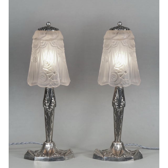 Etablissement Jean Gauthier A wonderful pair of French art deco lamps made around 1925-1930. The nickel-plated bronze or...