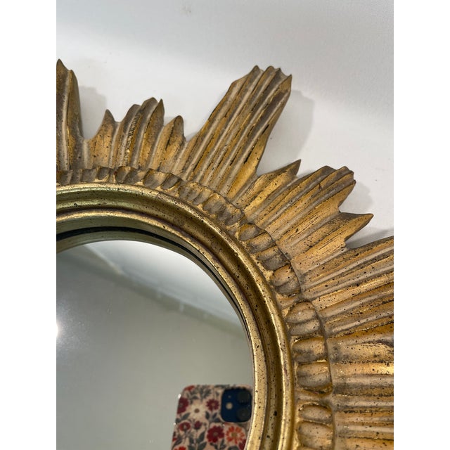 Gold Vintage 16.5" Mid Century Creamy Giltwood Sunburst Wall Mirror For Sale - Image 8 of 16