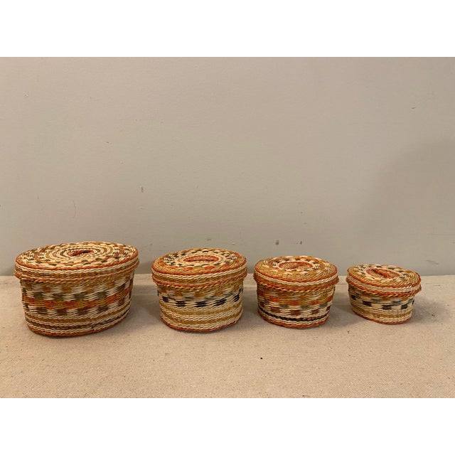 Tan Mid 20th Century Vintage Seagrass Nesting Stacking Lidded Baskets a Set of 4 For Sale - Image 8 of 8