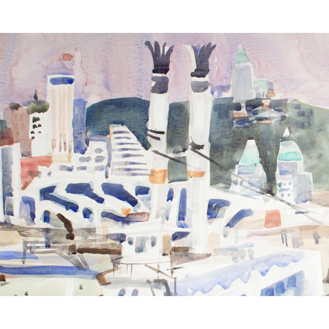 A watercolor painting by the American artist Sanford Brooks (1915-1994). This colorful work depicts a cityscape view from...