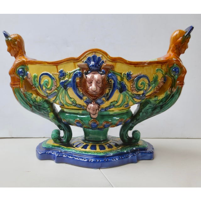 Gothic Revival, late 19th. Caryatid Lion Head Barbotine majolica planter vase. A Victorian revival of Gothic taste....