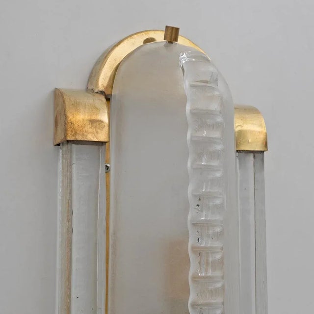 Art Deco Style Brass and Frosted Murano Glass Sconces, 1980, Set of 2 For Sale - Image 4 of 7