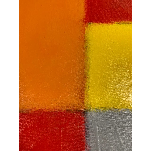 This painting is a sophisticated, yet playful arrangement of soft edge geometric shapes of scarlet red, orange, and canary...