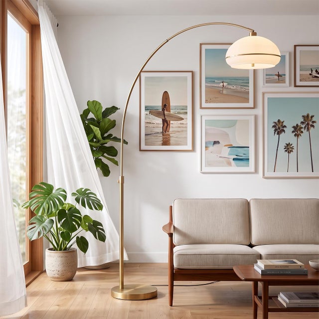 Designed by Peter Morelli in 1960, the Morelli Arc Lamp is a modern statement piece featuring a weathered brass finish and...
