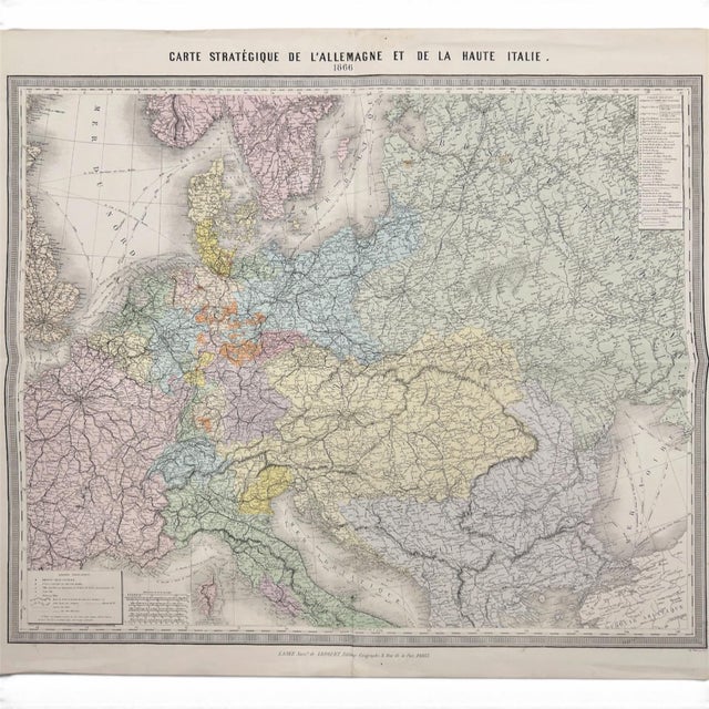 This original 1866 French strategic map charts Germany, Upper Italy, and much of Central Europe at an unusually large...