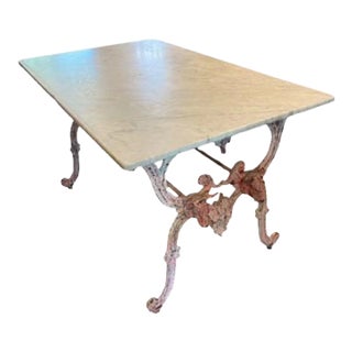 Late 19th Century French Butcher Table With Marble Top, Double Bull's Head Base For Sale