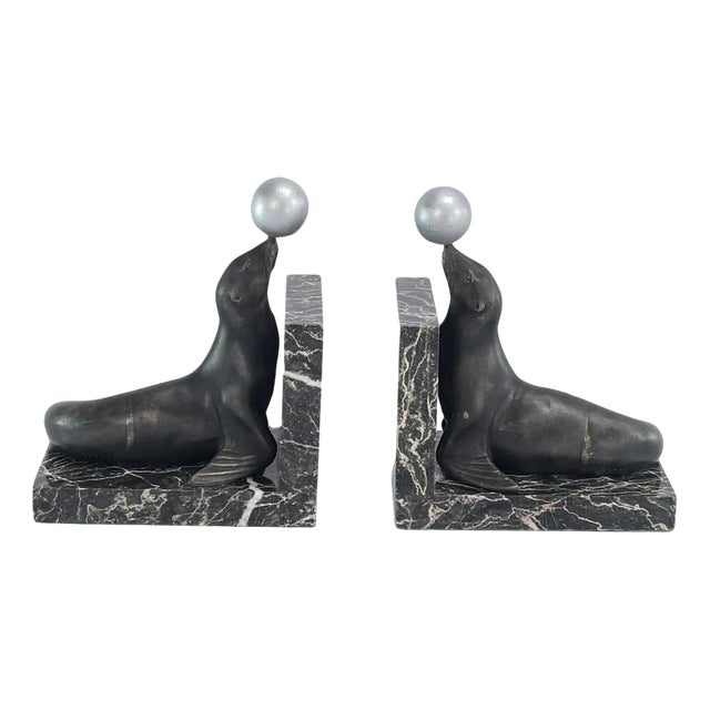 Art Deco Bookends with Sea Lions on Marble Bases, 1930s, Set of 2 For Sale