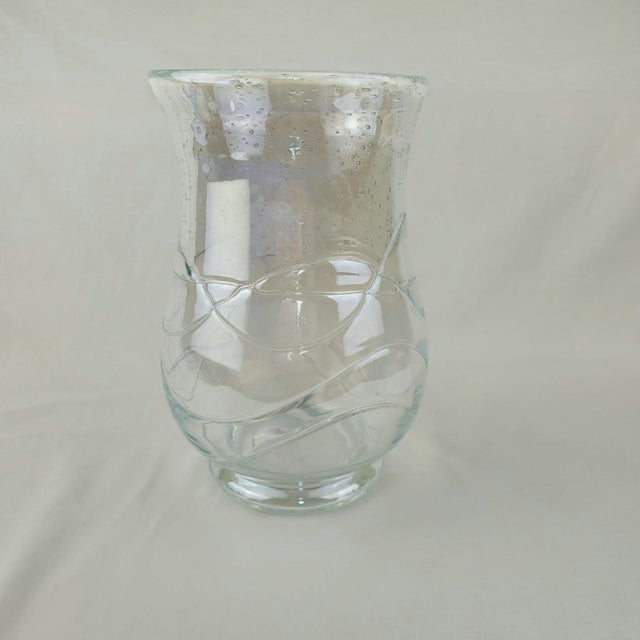 Hand Blown Seeded Glass Hurricane Vase Swirl Ribbon Detail Clear 9" For Sale - Image 4 of 11