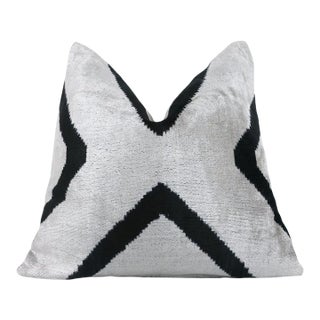 Modern Black & White Chevron Ikat Velvet Pillow – 16x16 Handmade Cushion For Sale
