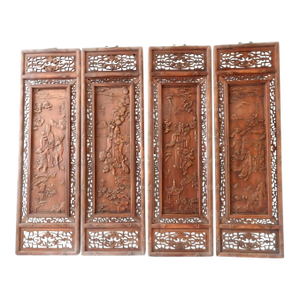 Vintage Chinoiserie Carved Wood Wall Panels of Ancestor /Deities 4 Seasons - Set of 4