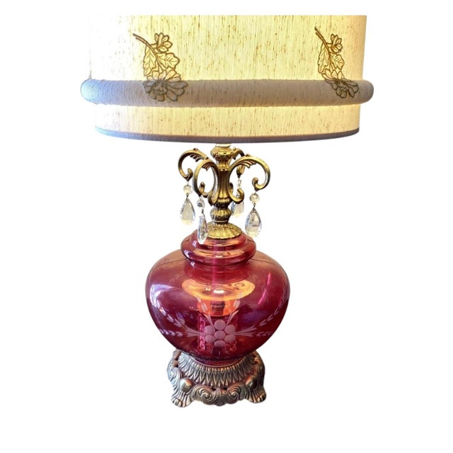 1970s Hollywood Regency Cut Ruby Glass & Crystal Prism Globe Table Lamp Light Up Base For Sale - Image 10 of 12