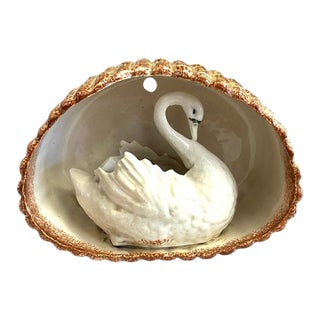 Early 20th Century Petite Majolica Swan and Bamboo Wall Hanger For Sale