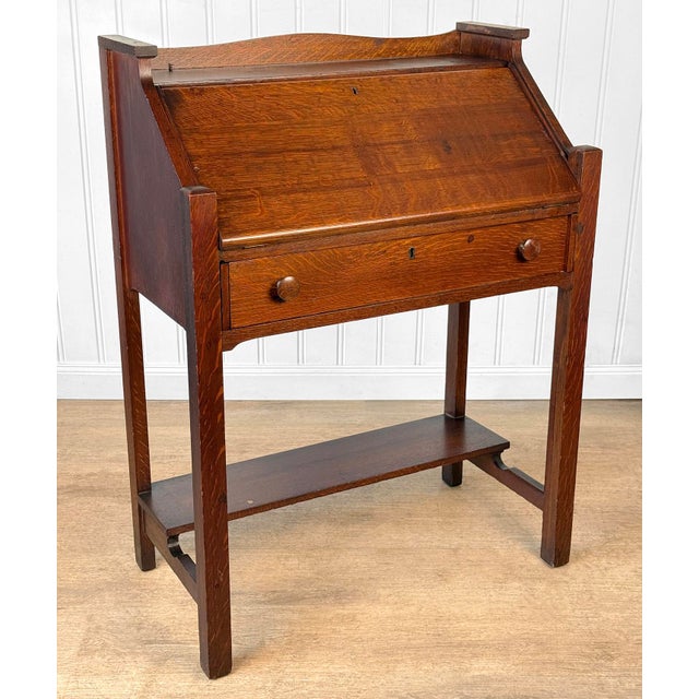 Antique Arts & Crafts Quartersawn Oak Drop Front Secretary Desk For Sale - Image 6 of 15