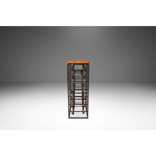 Mid-Century Modern 21 Bottle Wine Rack in Leather & Wrought Iron W/ Butcher Block Top Attributed to Arthur Umanoff, Usa, C. 1960s For Sale In Orlando - Image 6 of 18