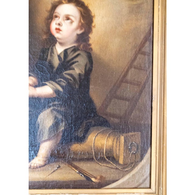 17/18th C. Spanish School Painting of Boy With Passion Attributes, Follower of Bartolomeo Esteban Murillo For Sale - Image 11 of 18