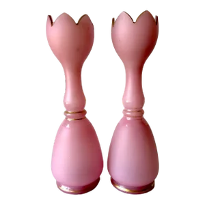 Pair of 19th Century Harrach Bohemian Pink Satin Glass Tulip Form Vases