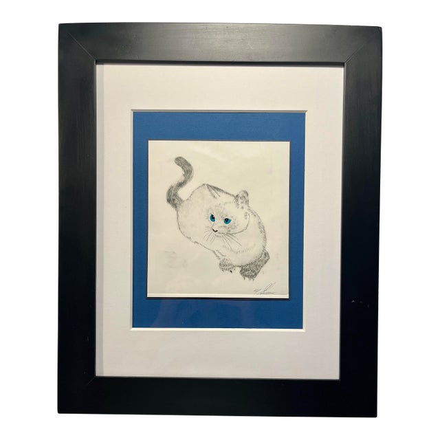 1990s Vintage Hand Colored White Cat Etching by California Artist Marcos Guerrero, Framed For Sale