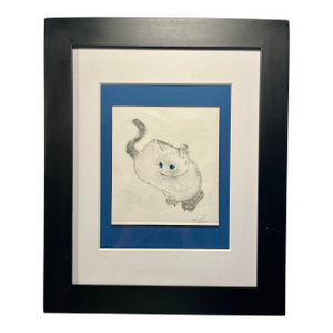 1990s Vintage Hand Colored White Cat Etching by California Artist Marcos Guerrero, Framed