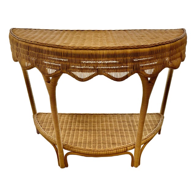 Vintage French Coastal Rattan Demi-Lune Console Table For Sale