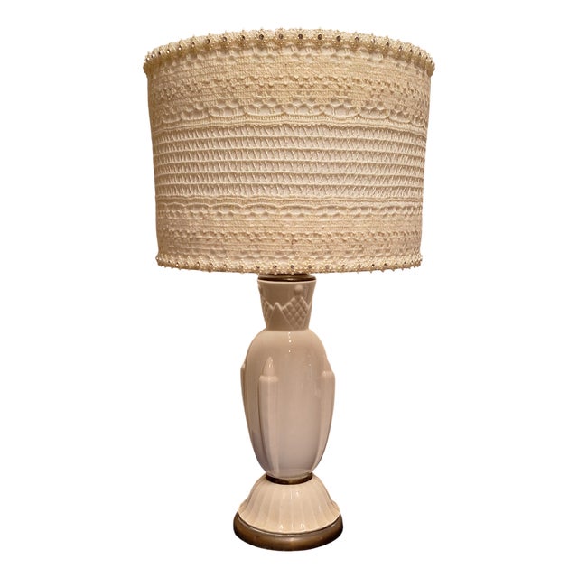 French Art Deco Cream Ceramic Table Lamp with Handmade Fabric Shade, 1920s For Sale