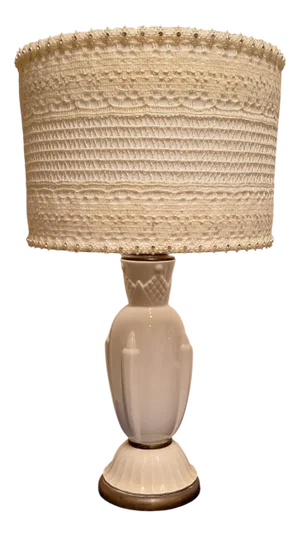French Art Deco Cream Ceramic Table Lamp with Handmade Fabric Shade, 1920s