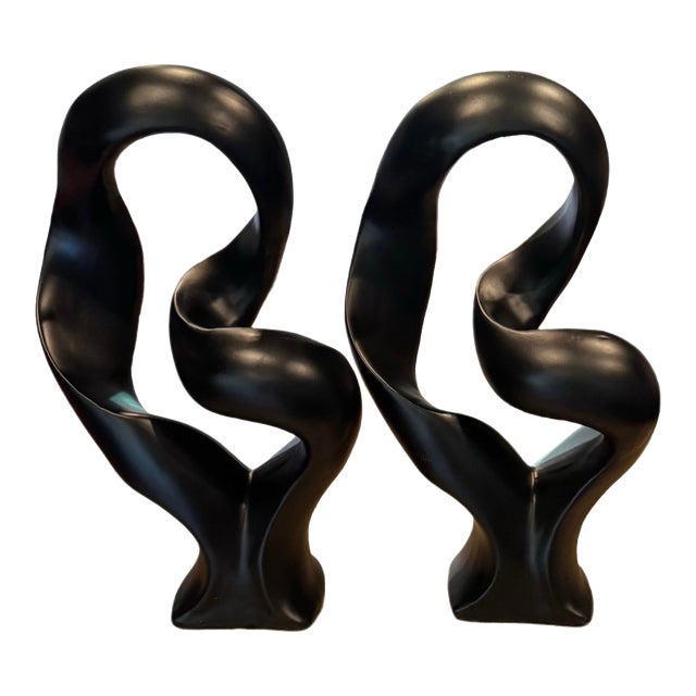 Pair of Modern Abstract Black Sculptures – Organic Infinity Form, 17” Gallery Style Statement Decor For Sale