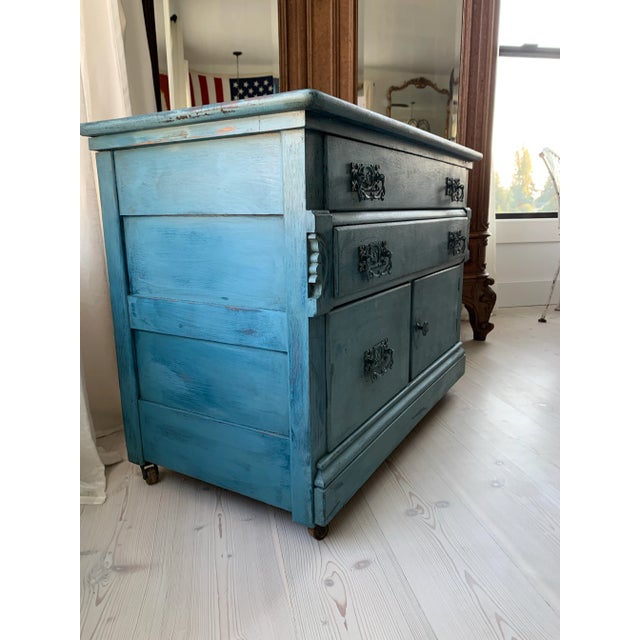 Antique Oak Petite Chest in Blue Paint For Sale - Image 10 of 12